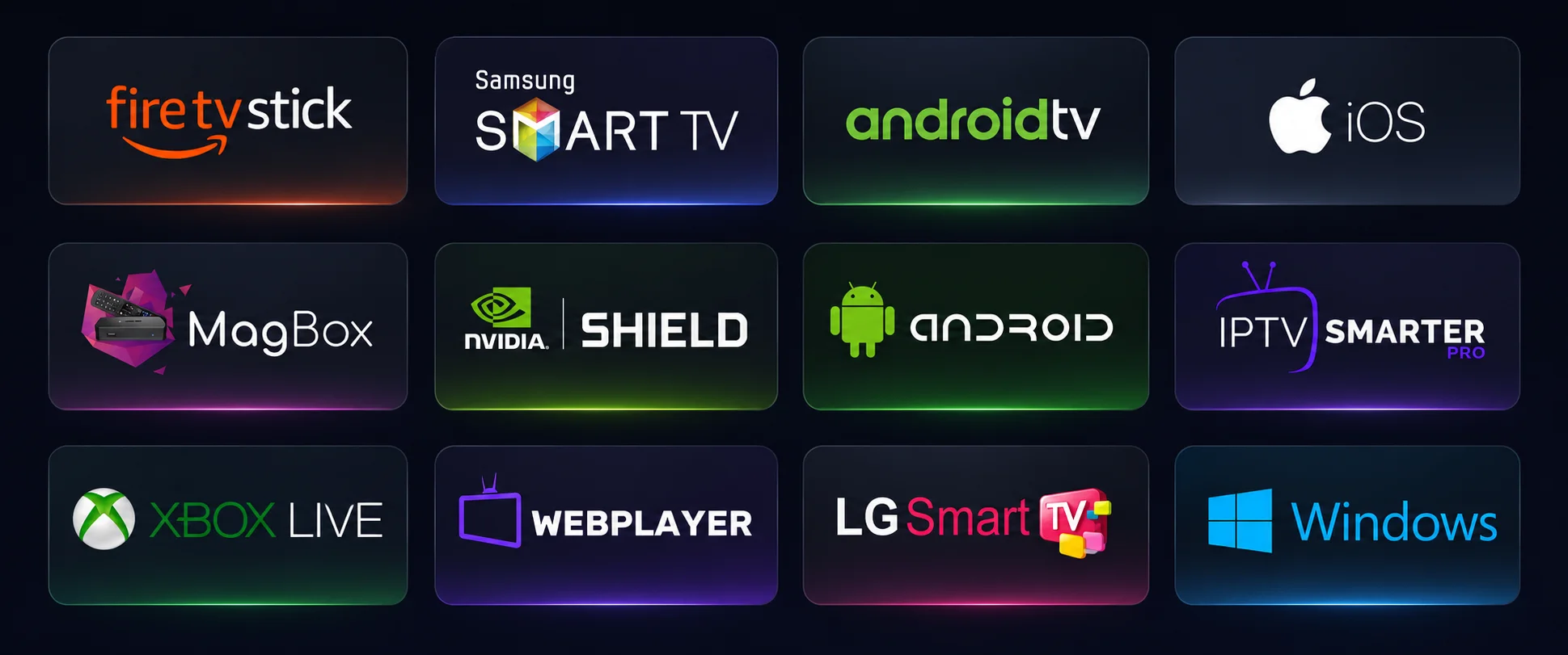 Devices supported by this Nordic IPTV provider, including Fire TV Stick, Android TV, iOS, Samsung Smart TV, LG Smart TV, Windows, Xbox and IPTV Smarters Pro