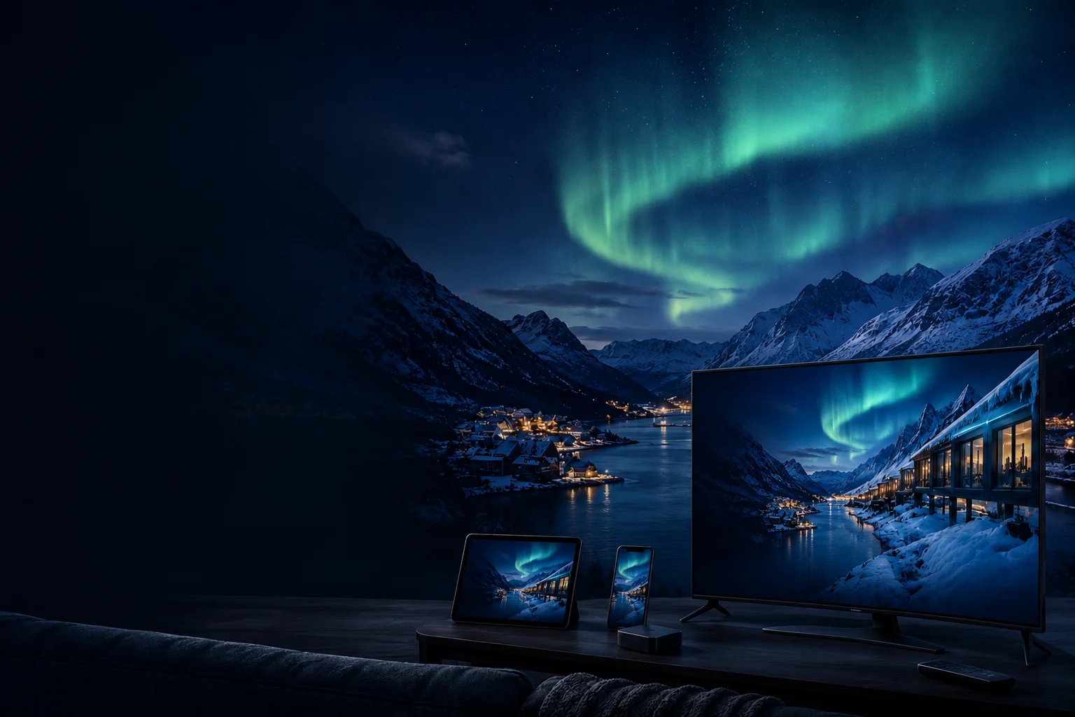 IPTV Suomi suoratoisto Smart TV:lla, tabletilla ja puhelimella suomalaisen maiseman taustalla